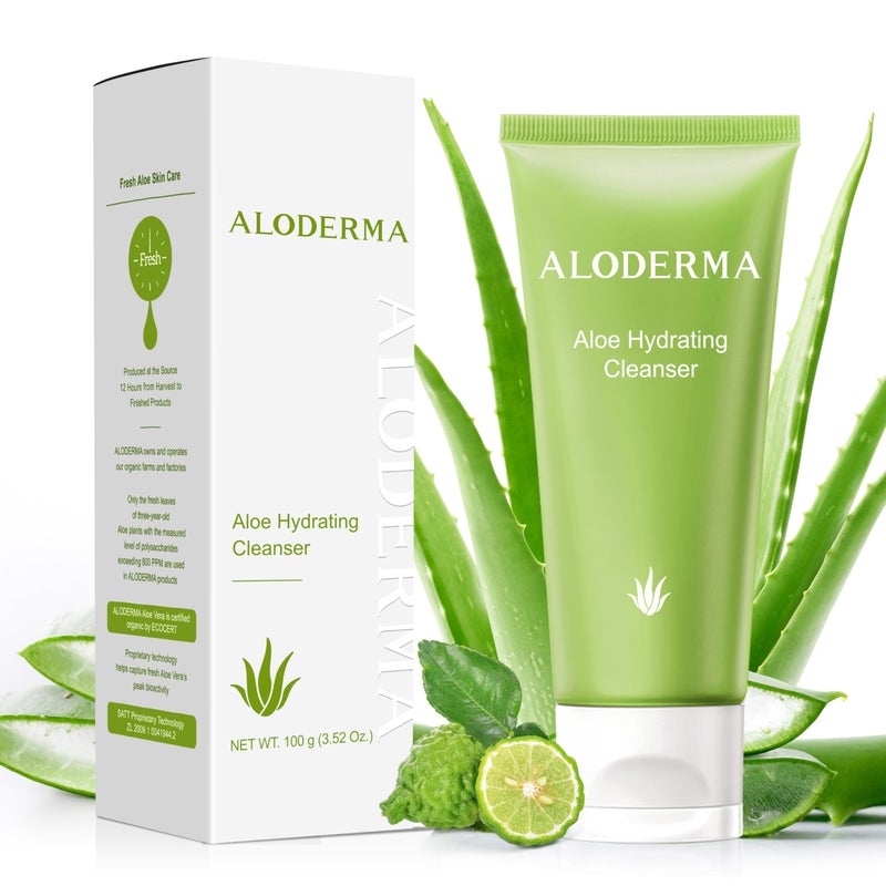 Aloderma Hydrating Facial Cleanser with Organic Aloe Vera - Daily Moisturizing Aloe Face Wash with Shea Butter, Vitamin E - Nourishing Face Cleanser for Normal, Dry Skin, Non-Comedogenic, 100g/3.5oz - Image 1